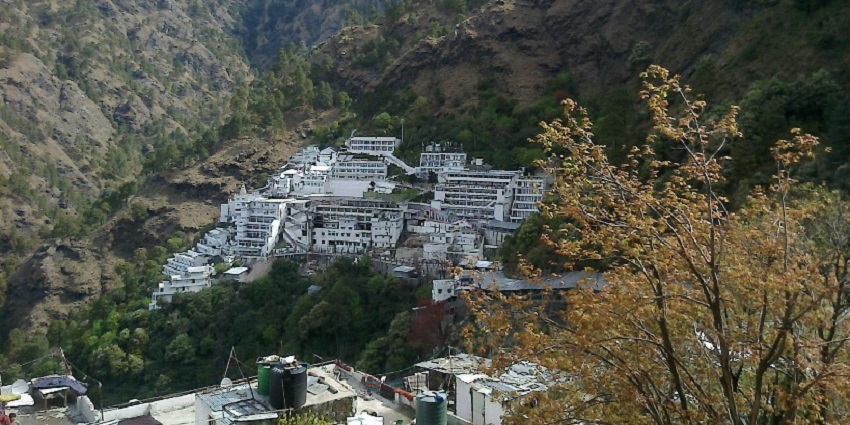 A panoramic view of the Vaishno Devi temple that is surrounded by the Trikuta Hills