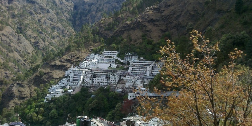 Aerial view of one of the top Jammu temples, Vaishno Devi Temple perched on mountains.