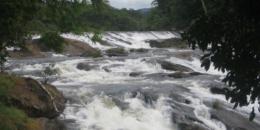 Vazhachal Waterfalls in Kerala flowing over wide rocky surfaces amidst lush green forest