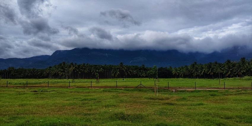 A scenic view of a lush green mountain trail in Kerala, under a cloudy sky