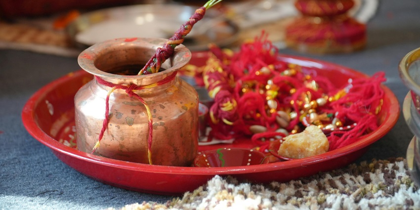 Image of Pooja Articles on Pooja Thali During Hindu Rituals - Golden Devi Temple
