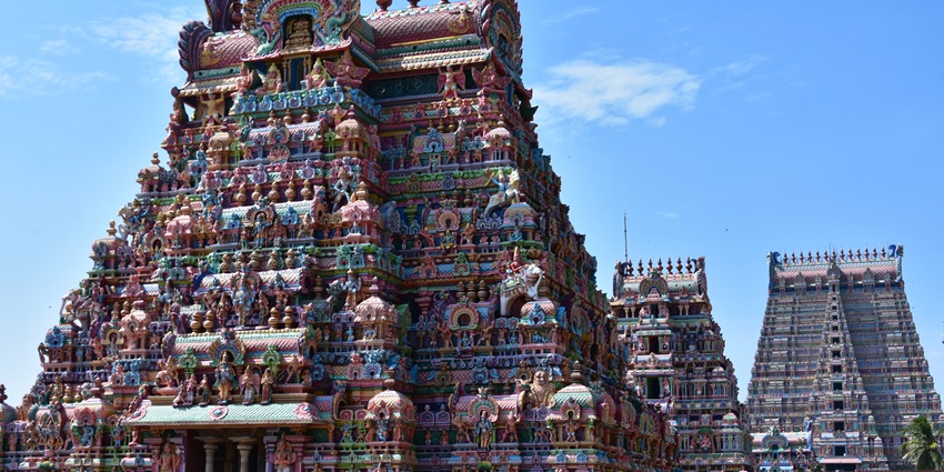 Sri Ranganathaswamy Temple gopuram with intricate carvings near Tiruchirappalli.