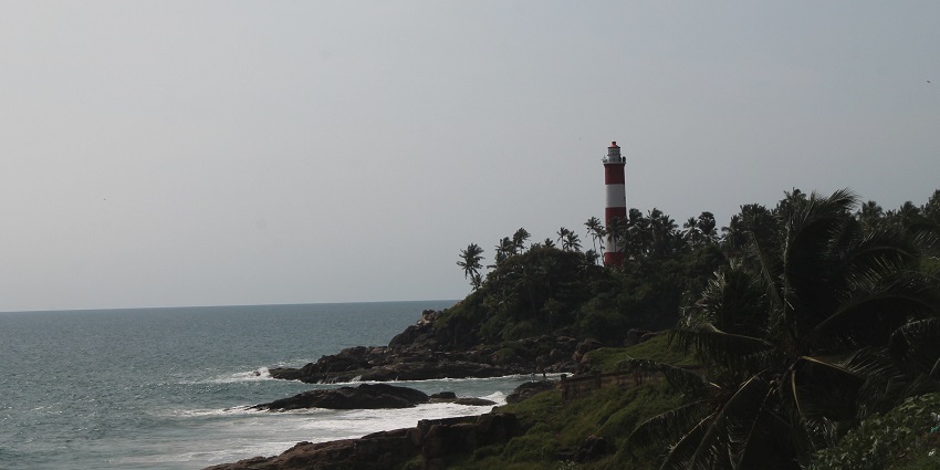 View of the tall palms and rocky cliffs of Kovalam beach from the Vizhinjam lighthouse