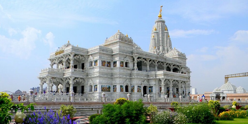 Prem Mandir side view with beautiful architecture - best places to visit in March in India