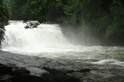 Mesmerising view of a waterfall in Kerala falling down the rocks amidst lush greenery.