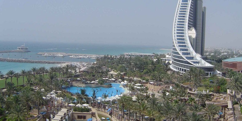 Panoramic aerial view of beautiful Wild Wadi Water Park - Theme Park in Dubai