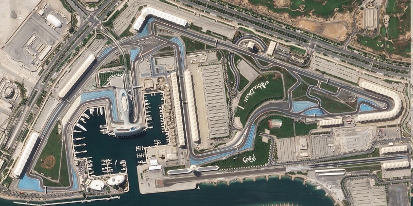 View of Yas Marina Circuit: sleek racing track with dramatic curves and modern design.