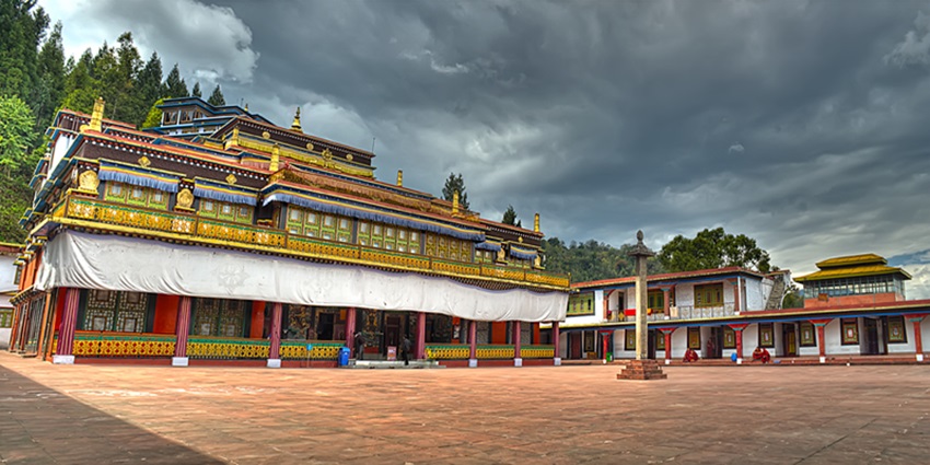 A monastery near Ravangla, surrounded by hills and trees