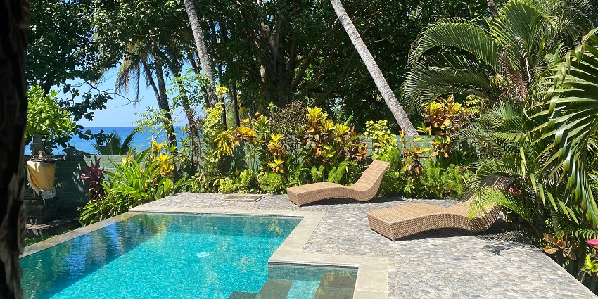 View of palm trees and shrubs around a private pool villa, offering a luxurious experience to couples