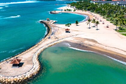 An aerial view of Nusa Dua beach in Bali, Indonesia that is ideal for couples