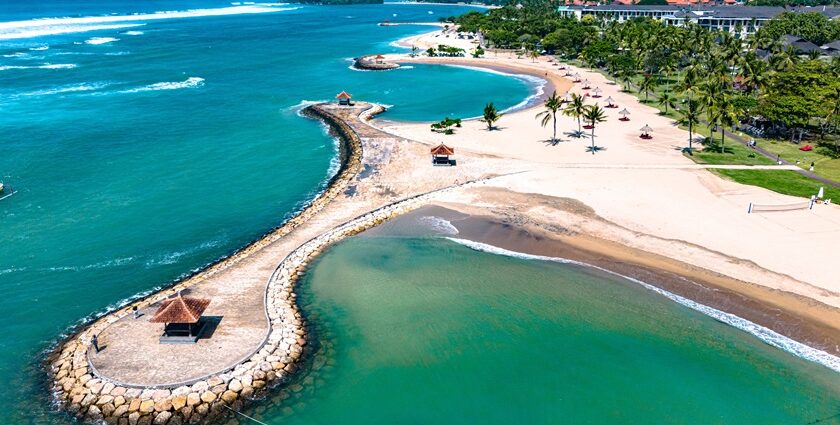 An aerial view of Nusa Dua beach in Bali, Indonesia that is ideal for couples