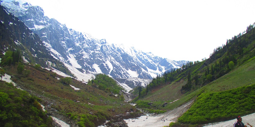 Capture photos of this beautiful valley with blooming flowers and snow-capped peaks