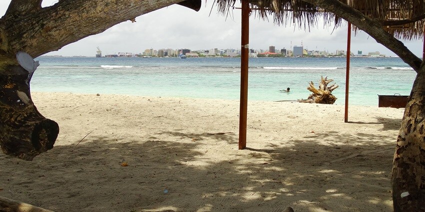 A scenic view of the Villingili Public Beach situated in Addu Atoll in Maldives.