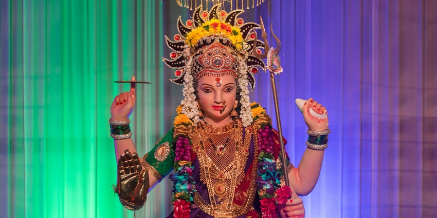 Image of Maa Durga idol wearing beautiful saare and jewelleries in a temple - Adichikkavu Sree Durga Devi Kshetram