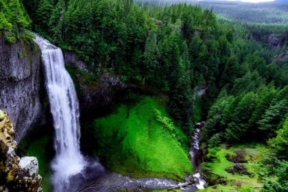 Landscape of waterfalls in Nagaland cascading rocky cliffs, surrounded by lush forests.