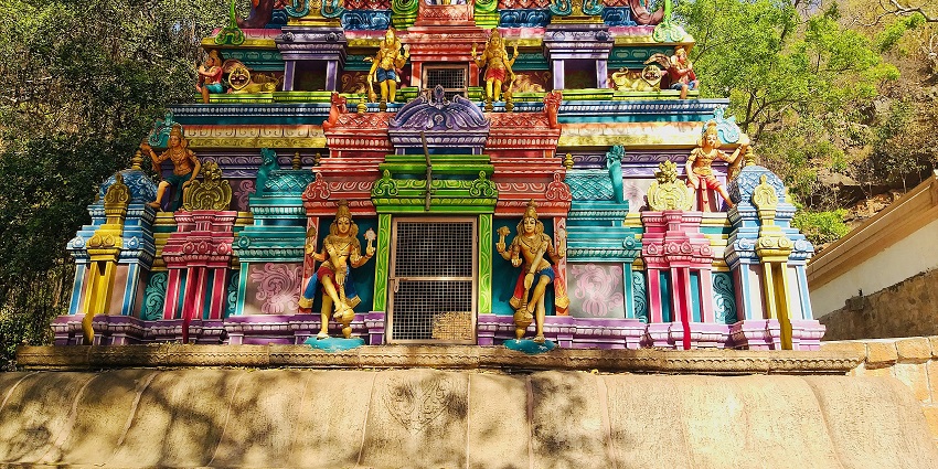 A mesmerising view of the colourful architecture of a place of worship in south India.