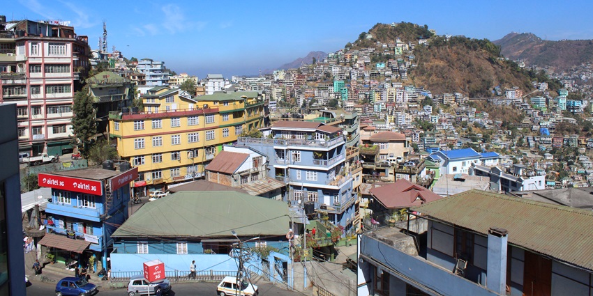Panoramic view of Aizawl city, Mizoram, showcasing its hilly terrain and urban landscape.
