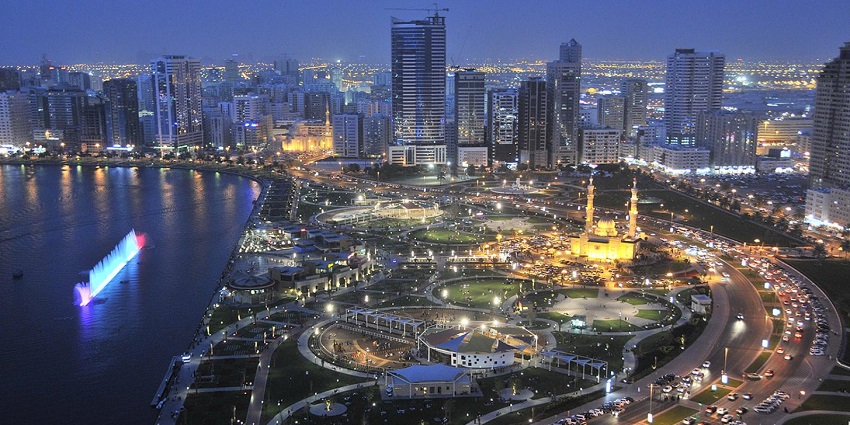 Mesmerising aerial view of the Al Majaz Waterfront Development with sky-high buildings
