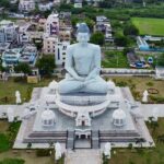 An aerial view of the Dhyana Buddha Statue in Amaravati, in the state of Andhra Pradesh.