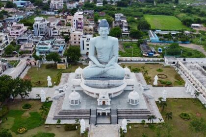 An aerial view of the Dhyana Buddha Statue in Amaravati, in the state of Andhra Pradesh.