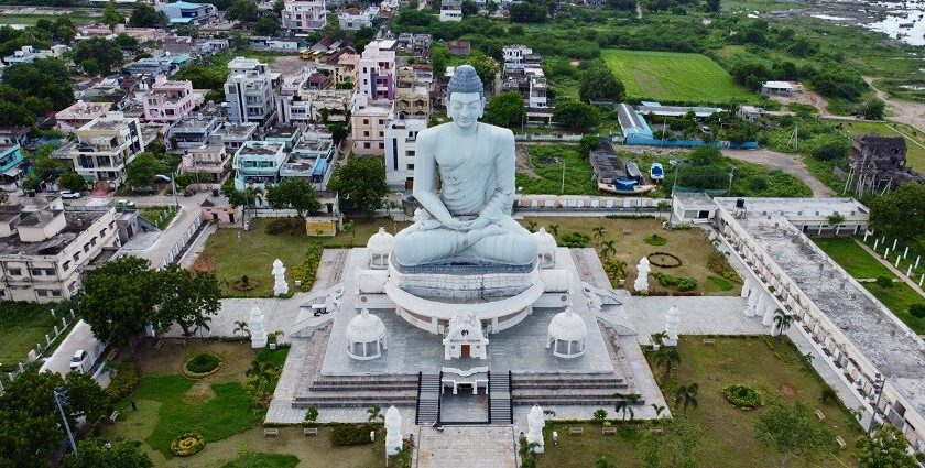 An aerial view of the Dhyana Buddha Statue in Amaravati, in the state of Andhra Pradesh.