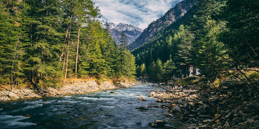 A tranquil river meanders through vibrant trees, with stunning mountains rising nearby.