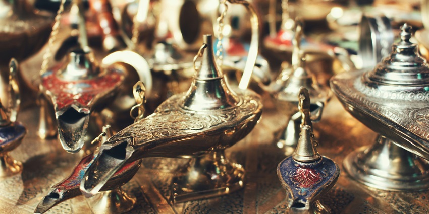A beautiful image of oil lamps displayed at an antiques shop in Marrakesh, Morocco