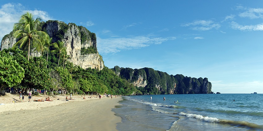 Panoramic views of the the Ao Nang Beach with hill in background–Places to visit in Krabi