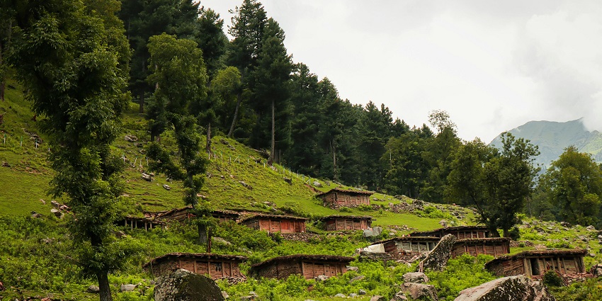 Image of wood cabins on mountain slope - one of the best places to visit in Jibhi