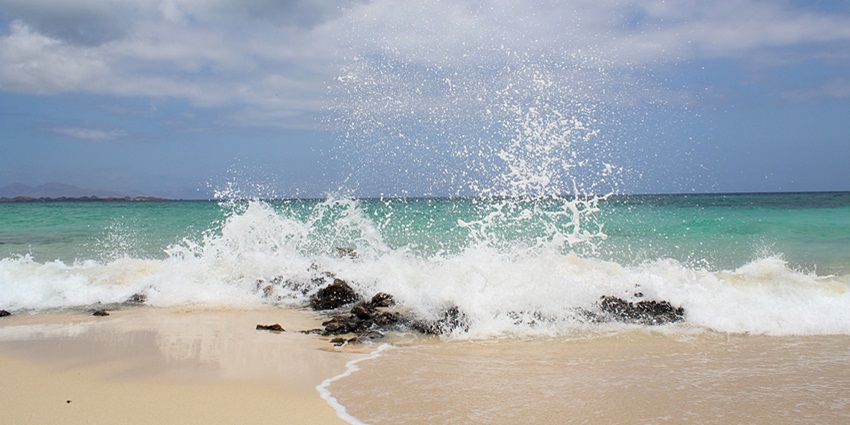 Waves gently rolling onto a sandy beach with a calm sea and a clear blue sky.