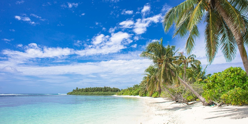 Beach with golden sand under a sky filled with white and blue clouds, and calm ocean waves.