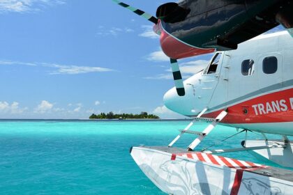 A picture of the floatplane parked to the north of Bathala Island in the Maldives.