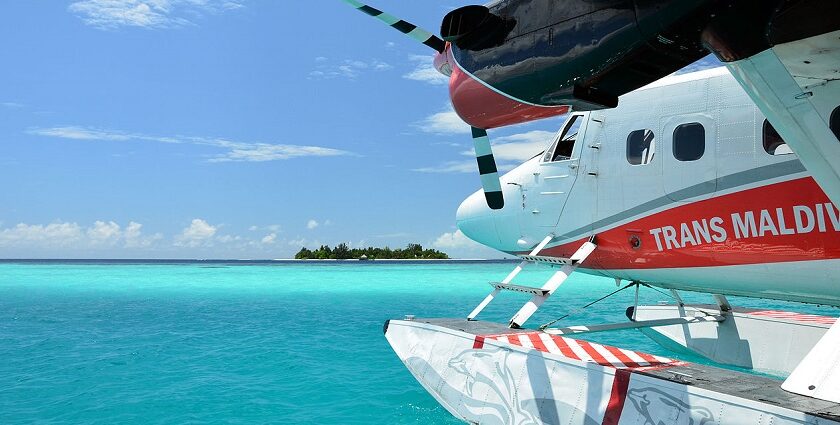 A picture of the floatplane parked to the north of Bathala Island in the Maldives.