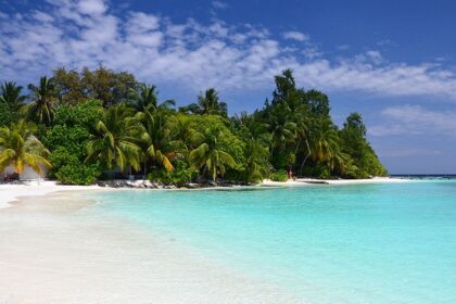 The Scenic snapshot of the sandy Bathala beach under the clear blue sky of Maldives