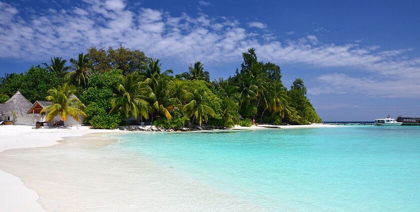 The Scenic snapshot of the sandy Bathala beach under the clear blue sky of Maldives