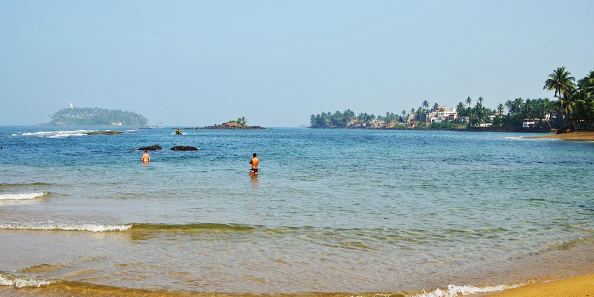Scenic beach with golden sand, gentle waves, and palm trees under a clear blue sky.