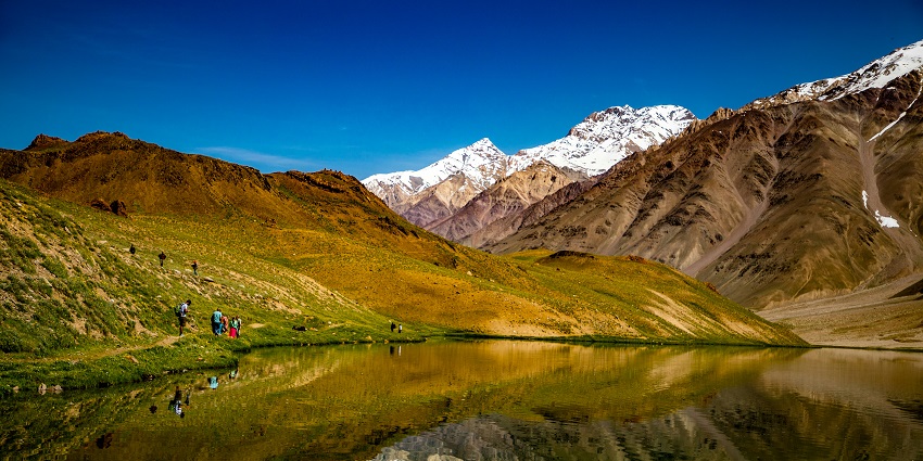 A mesmerising view of a lake surrounded by lush greenery & mountains in the backdrop.