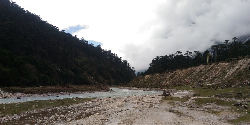 A breathtaking view of a lush green valley in Sikkim covered under dense clouds.