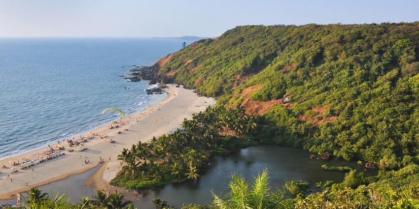 A breathtaking view of a body of water in Goa surrounded by lush greenery during the day.
