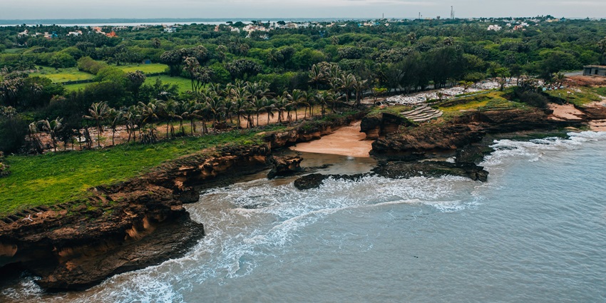 A breathtaking view of a city covered in lush greenery and a water body on the side.