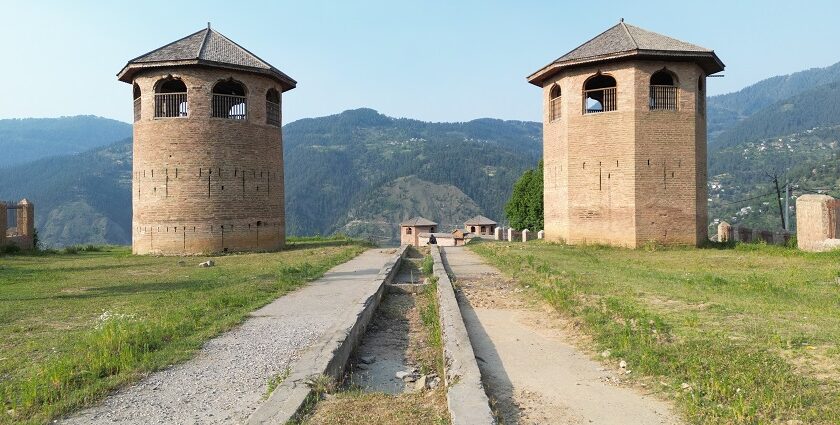 A scenic view of the Bhaderwah Fort with its two castles on either side