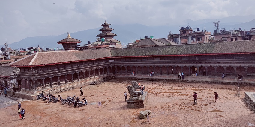An aerial picture of the scenic Durbar Square in Bhaktapur, a beautiful destination in Nepal