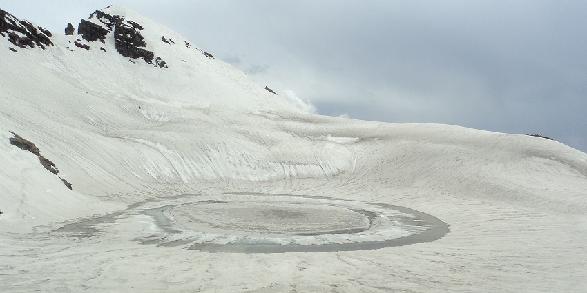 A mesmerising view of the frozen Bhrigu Lake decked with snow in Himachal Pradesh.