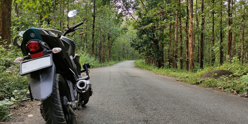 A picture of a black motorcycle parked on the road surrounded by lush green trees.