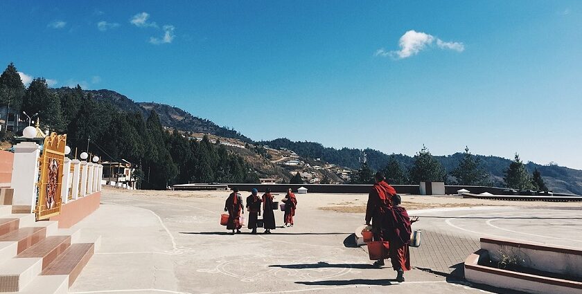 Scenic view of Bomdila with young monks in traditional robes - places to visit in Bomdila.