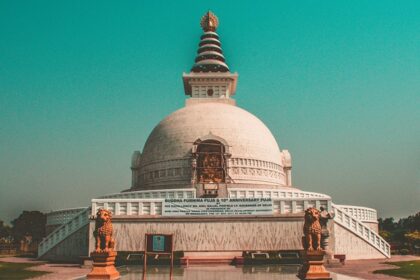 A picture of a peace pagoda located in the middle of the Indraprastha Park in Delhi on a sunny day