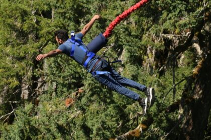 A man tied to a harness and indulging in freefall which is a thrilling activity to try.