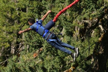 Snapshot of a man during the Bungee jumping Bali, freom a desgianated spot in forest.