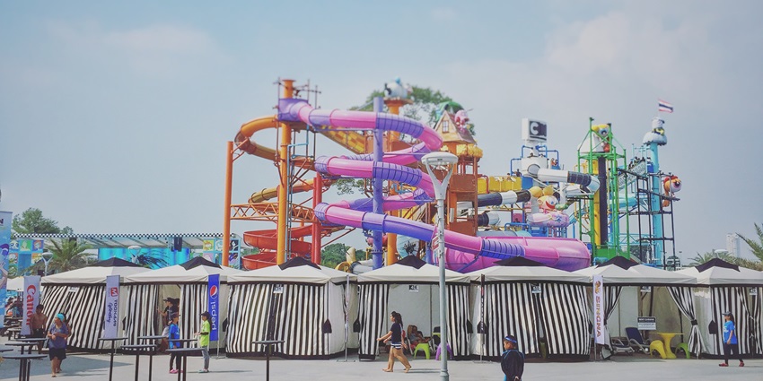 Cartoon Network water park with themed attractions, colorful slides, and family-friendly fun.