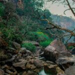 A breathtaking view of an opening of a cave with a small stream of water flowing through.